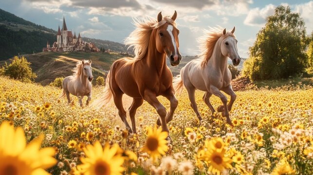 Majestic Horses Galloping Through a Golden Field under a Bright Blue Sky on a Sunny Day - Powered by Adobe