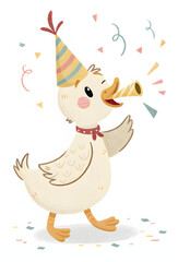 Fototapeta premium Playful Cartoon Duck Wearing Party Hat and Blowing Noisemaker in Festive Celebration Scene