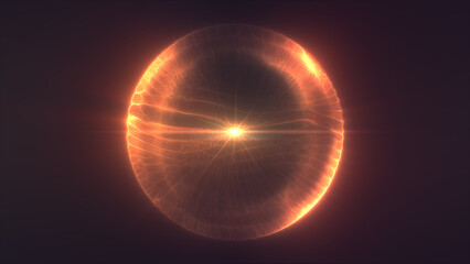 Shining golden plasma sphere with fluid light patterns and warm radiant energy floating in darkness