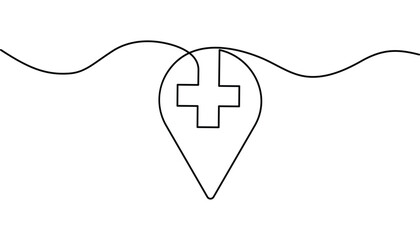 Simple one line art location pin ecg  and medical cross continuous drawing
