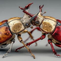 Two colorful beetle fighting with golden and red shell