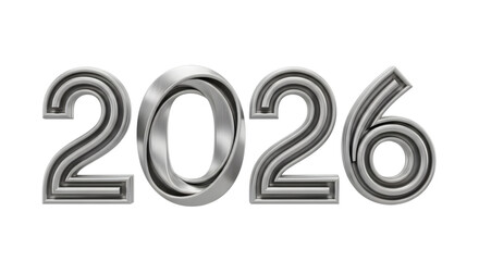 Silver metallic 2026 new year isolated on transparent background