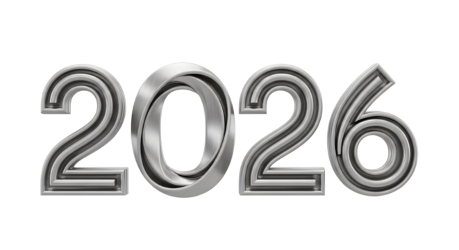 Silver metallic 2026 new year isolated on transparent background