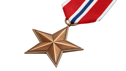 Prestigious bronze star military medal with ribbon, isolated transparent, high-resolution metallic texture, sharp edges ideal for background removal, premium Veterans Day award concept