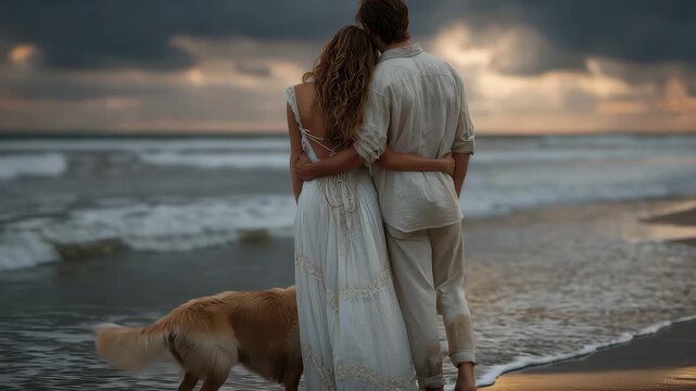 Couple embraces their golden retriever during a beautiful sunset by the ocean water, capturing a moment of love and tranquility