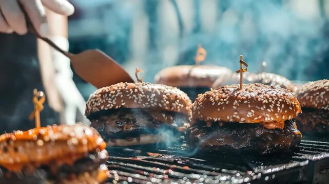 Person grilling burgers with smoke rising up, close-up of cooking process.
