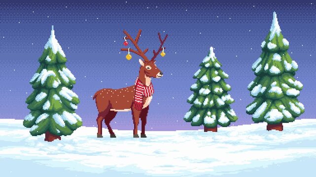 Animated pixel art winter scene with deer, snow covered pine trees, and falling snow. Seamless loop animation.