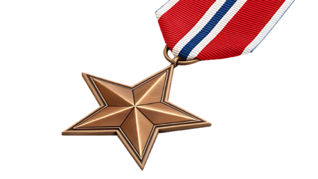 Prestigious bronze star military medal with ribbon, isolated transparent, high-resolution metallic texture, sharp edges ideal for background removal, premium Veterans Day award concept