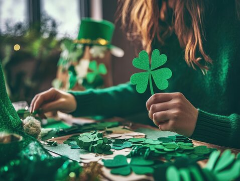 Hands are crafting green shamrock decorations on a table, holding a sparkling clover, surrounded by many small felt cutouts and a green top hat.