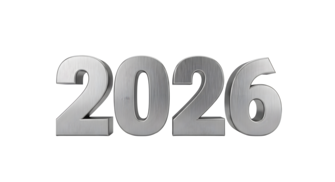 Silver metallic 2026 number isolated on transparent background