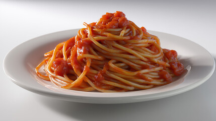 強い照明で立体感が強調された、高級感のある白い皿の上のシンプルでクラシックなトマトソーススパゲッティ