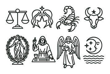 Black and white zodiac and spiritual symbols on dark background