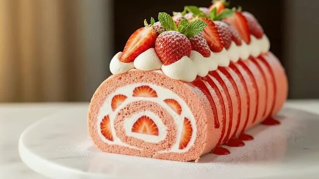 A delectable strawberry roll cake takes center stage, exquisitely crafted with layers of delicate pink sponge cake and rich white cream, revealing vibrant red strawberry slices in an inviting spiral p