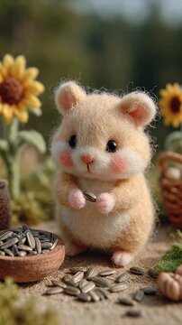 Stuffed animal hamster posing near sunflower and seeds