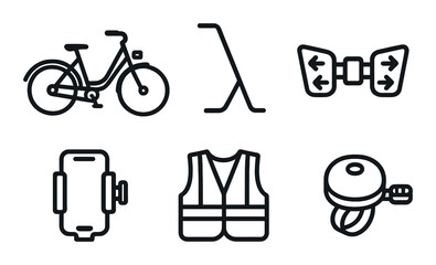 Bicycle symbols: bike, stand, handlebar, phone holder, safety vest, bell icons on black background