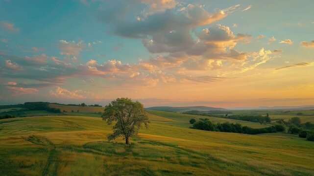 Peaceful evening landscape featuring a single tree standing tall on a hill under a dramatic sunset sky.