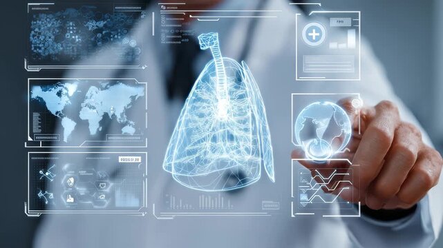 Medical professional utilizes advanced technology to analyze patient data and health metrics on a modern interface in a clinical setting