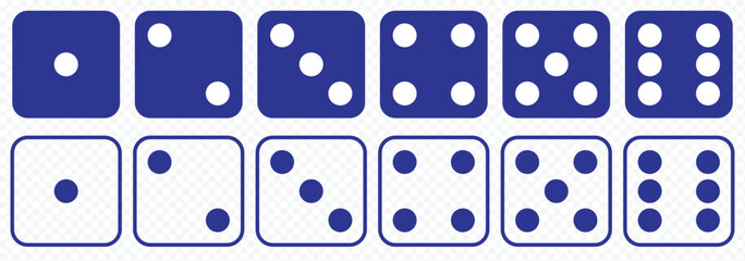 Dice icon set with all six faces in black color in outline style. Ludo game dice symbols in outline style. Set of six sides of a dice icon in black color. Dice icon concept vector illustration. eps 10