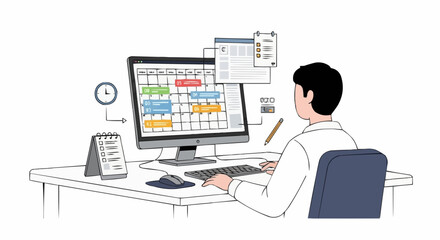 Man working on computer with calendar and schedule on screen.