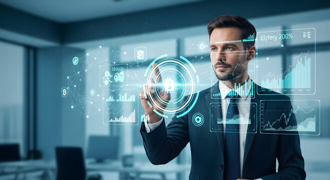 Fintech consultant managing digital banking on a futuristic interface