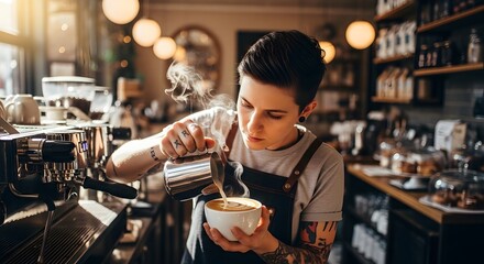 Female barista pouring steamed milk into a coffee cup to create latte art in a cozy cafe.