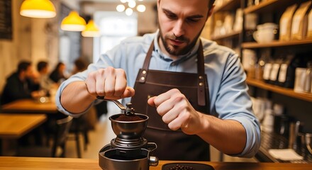 Focused barista grinding coffee beans in a cozy cafe.