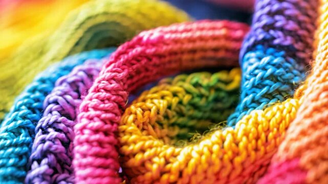 Close-up of colorful knitted fabric in spiral pattern