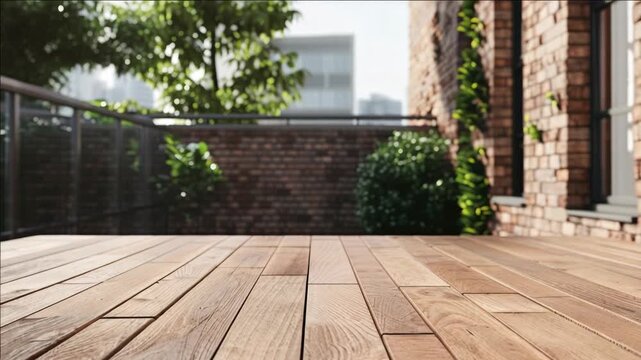A tranquil patio setting with wooden flooring and a brick wall, perfect for relaxation.