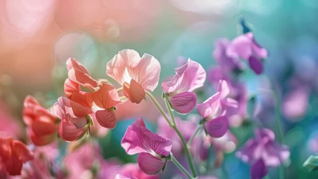 Vibrant pink and purple sweet pea flowers in a garden, soft focus background.
