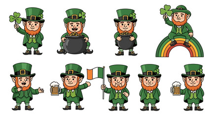 Set of Leprechaun Cartoon Illustrations for St. Patrick's Day Celebrations and Irish Culture