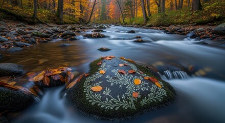 A tranquil forest stream flows over mossy rocks adorned with fallen autumn leaves, creating a serene and picturesque natural landscape during the vibrant fall season.