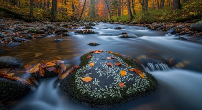 A tranquil forest stream flows over mossy rocks adorned with fallen autumn leaves, creating a serene and picturesque natural landscape during the vibrant fall season.