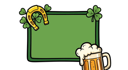Hand-drawn St. Patrick's Day greeting card template featuring a green board decorated with lucky shamrocks, a golden horseshoe, and a frothy mug of beer