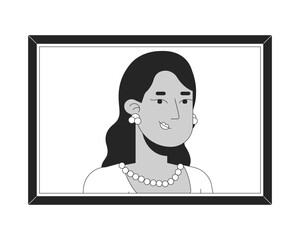 Classy woman with pearl jewelry in framed portrait 2D line character. Graceful vintage aristocrat lady with gold earrings isolated vector ink outline person. Monochromatic spot illustration