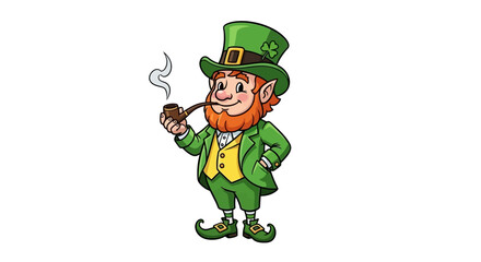 Charming illustration of a cheerful folklore character, a green-clad figure with a top hat smoking a pipe, perfect for festive designs and whimsical themes