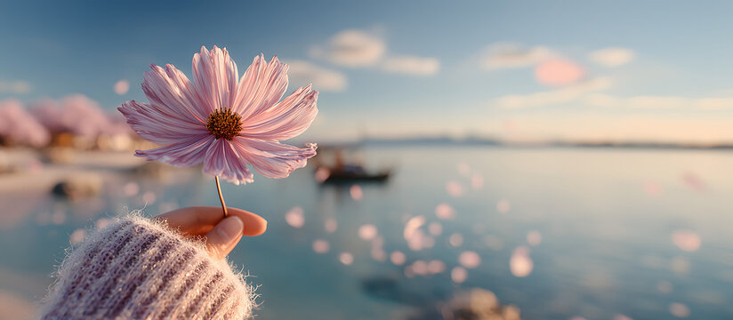 Hand Holding Pink Flower at Sunrise - Powered by Adobe