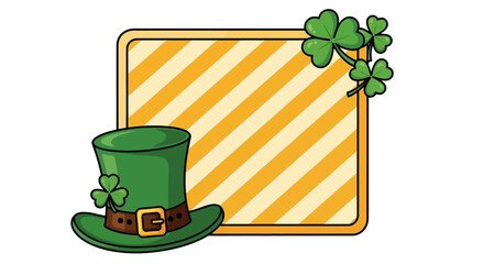Festive St. Patrick's Day greeting card design featuring a leprechaun's green hat and lucky clovers on a striped frame