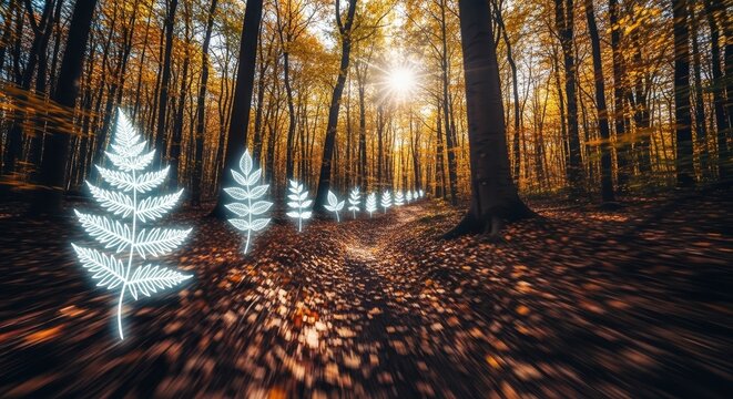 Glowing artificial fern leaves illuminate a forest path during autumn, creating a magical and ethereal woodland scene with warm sunlight filtering through the trees. - Powered by Adobe