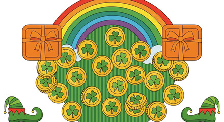 St. Patrick's Day vector illustration featuring rainbow, gold coins, gift boxes, and elf shoes