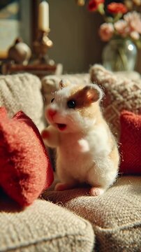 Hamster with red pillow indoors cozy setting sunny lighting conceptual illustration