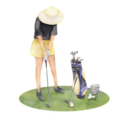 Watercolor girl playing golf with equipment illustration