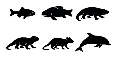 Silhouettes of aquatic and terrestrial animals on black background