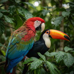 Naklejka premium Vibrant Red-and-green Macaw and Toco Toucan perched together on a tree branch in lush tropical rainforest. Exotic wild bird couple in green jungle nature background.