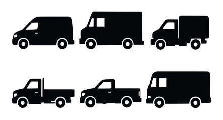 Silhouette collection of various delivery and utility vehicles on dark background
