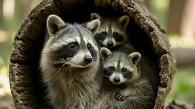 A heartwarming close-up features a family of raccoons, an adult and two young kits, peeking cautiously from the protective opening of a hollow log. Their distinctive masked faces, bright eyes, and sof