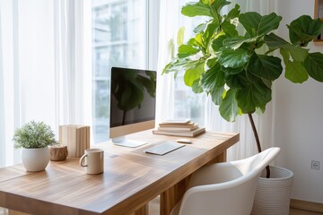 Scandinavian home office with wooden desk, white chair, ceramic mug, Fiddle Leaf Fig, single monitor, bright natural light for remote work, productivity, content creation

