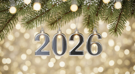 Ornamental number representing 2026, hanging from snowy pine branch with light, over bokeh background. Symbolizes festive anticipation of new year