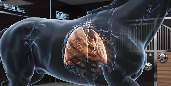 Horse anatomy with visible lungs in a stable environment.