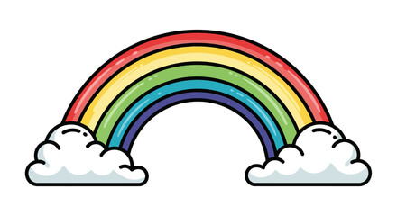Naklejka premium Vibrant cartoon rainbow arching gracefully between two fluffy white clouds, a colorful symbol of hope, happiness, and diversity in a playful flat design vector illustration