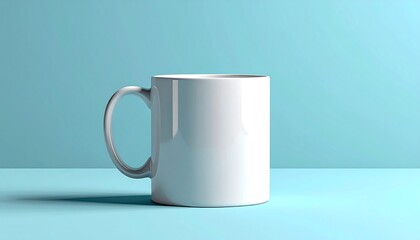 Obraz premium White mug, handle to the left, on blue surface, against blue backdrop